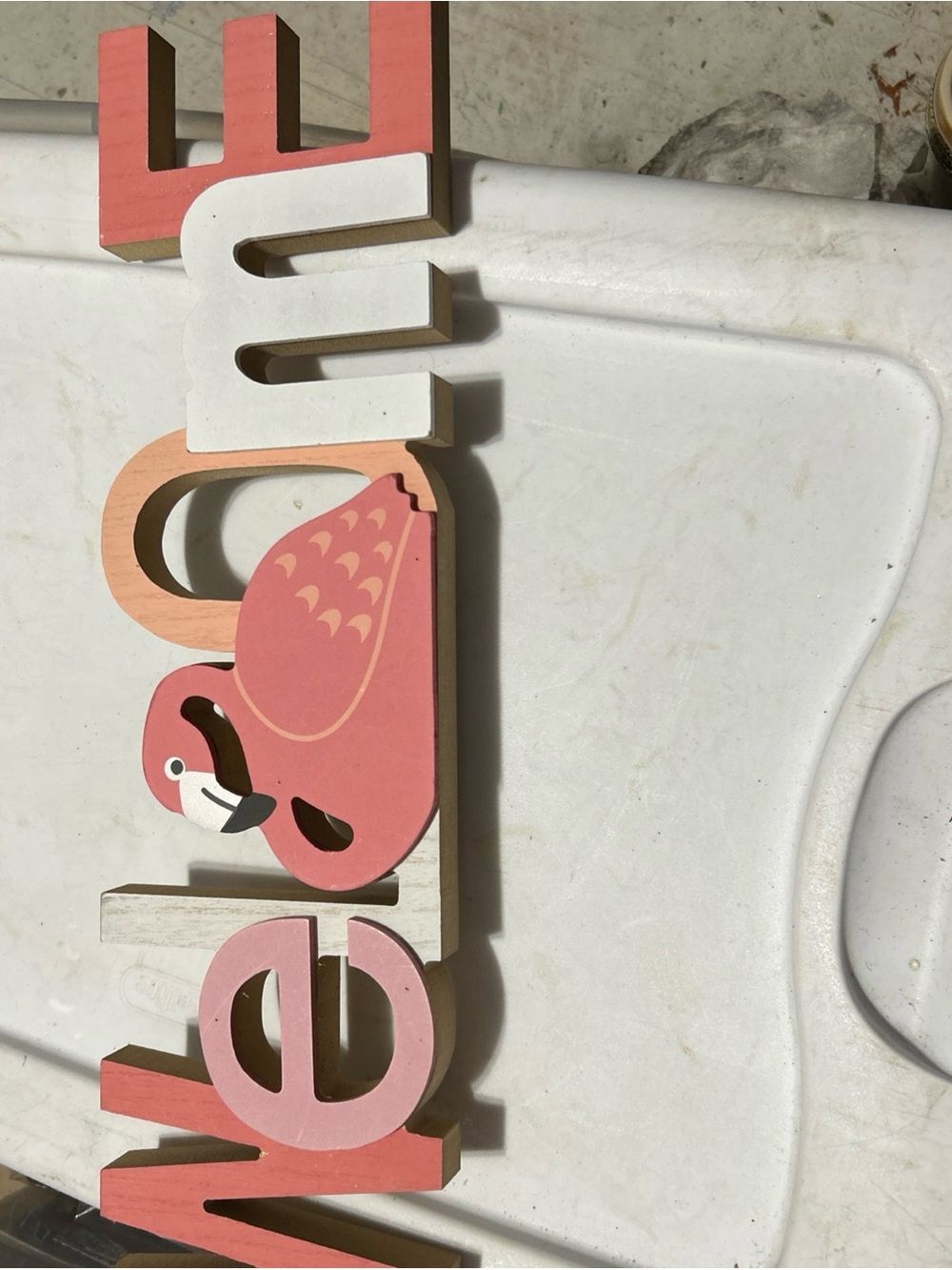 Wooden Flamingo Wall Word Decor in Pink and Cream